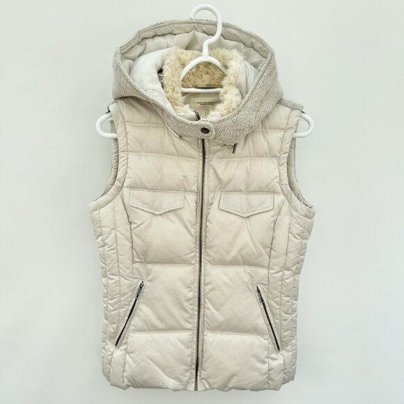Zara Trafaluc Quilted Puffer Vest Beige SZ Large Removable Hood, Faux Fur Collar - Picture 2 of 16